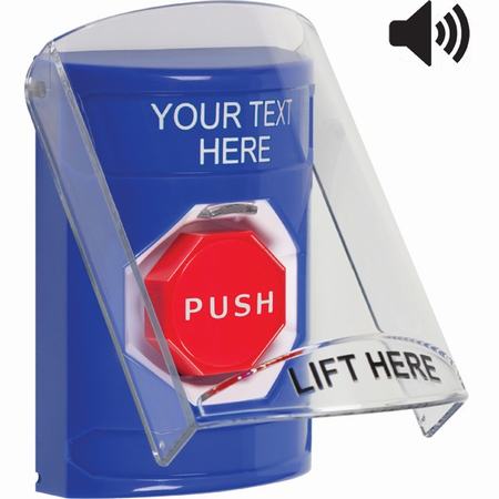 Safety Technology SS24A8ZA-EN | Blue Indoor Only Flush Or Surface With Horn Pneumatic (Illuminated) Stopper Station With Non-Returnable Custom Text Label English