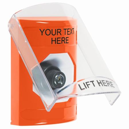 Safety Technology SS2523ZA-EN | Orange Indoor Only Flush Or Surface Key-To-Activate Stopper Station With Non-Returnable Custom Text Label English