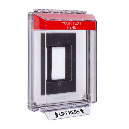 Safety Technology STI-14310C-R | Universal Stopper Low Profile Cover Enclosure Flush Back Box And Hood - Custom Label - Red - Non-Returnable