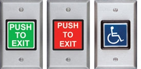 Security Door Controls 424UL1R | Exit Switch, Single Gang, PUSH TO EXIT, 2", Green Button, Momentary DPDT, Stainless Steel, One Red LED