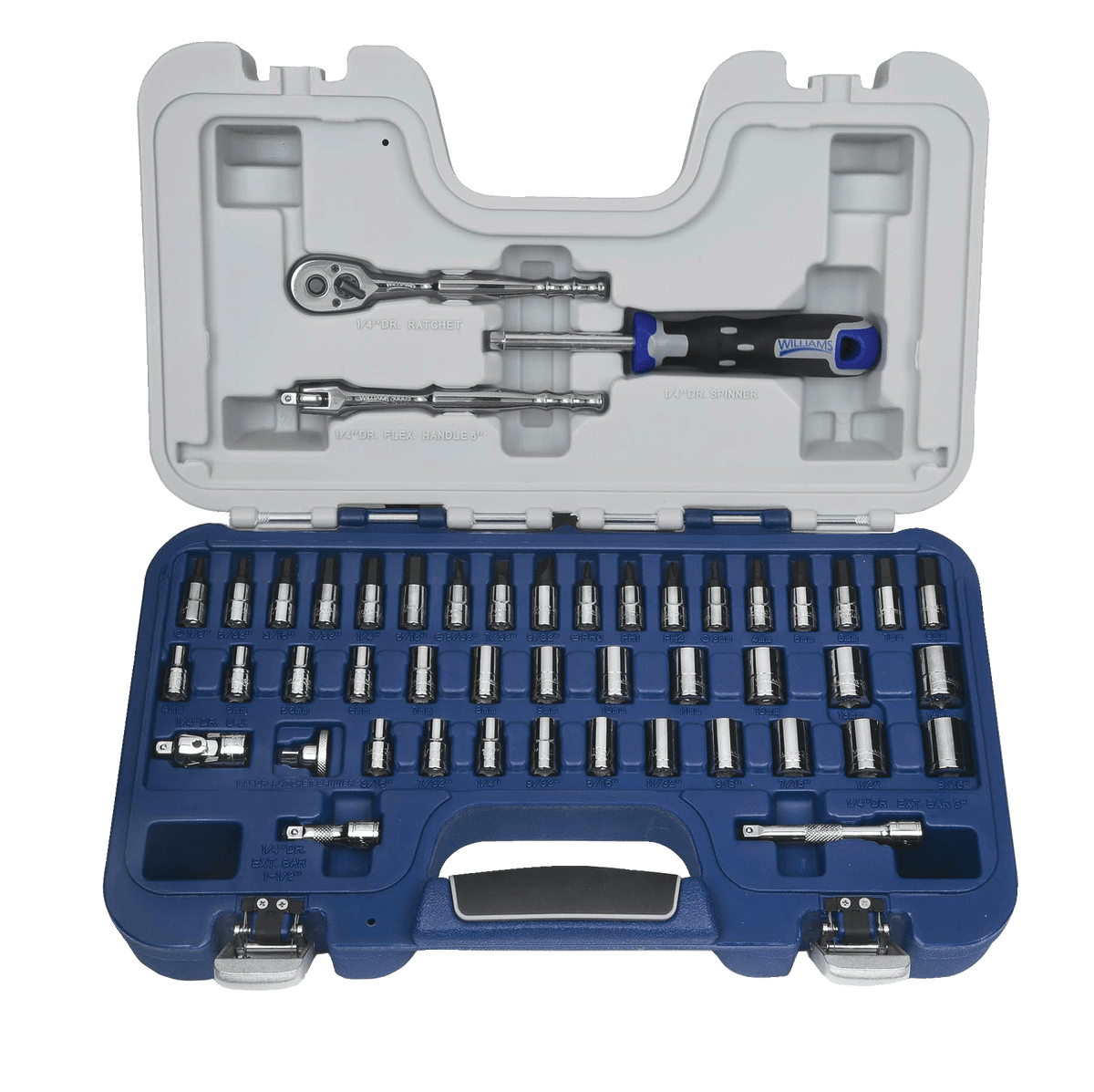 Williams JHW50601A | 1/4 Drive Deluxe Socket Set, 6 Point, SAE & Metric, Rugged Case System, 47 pieces