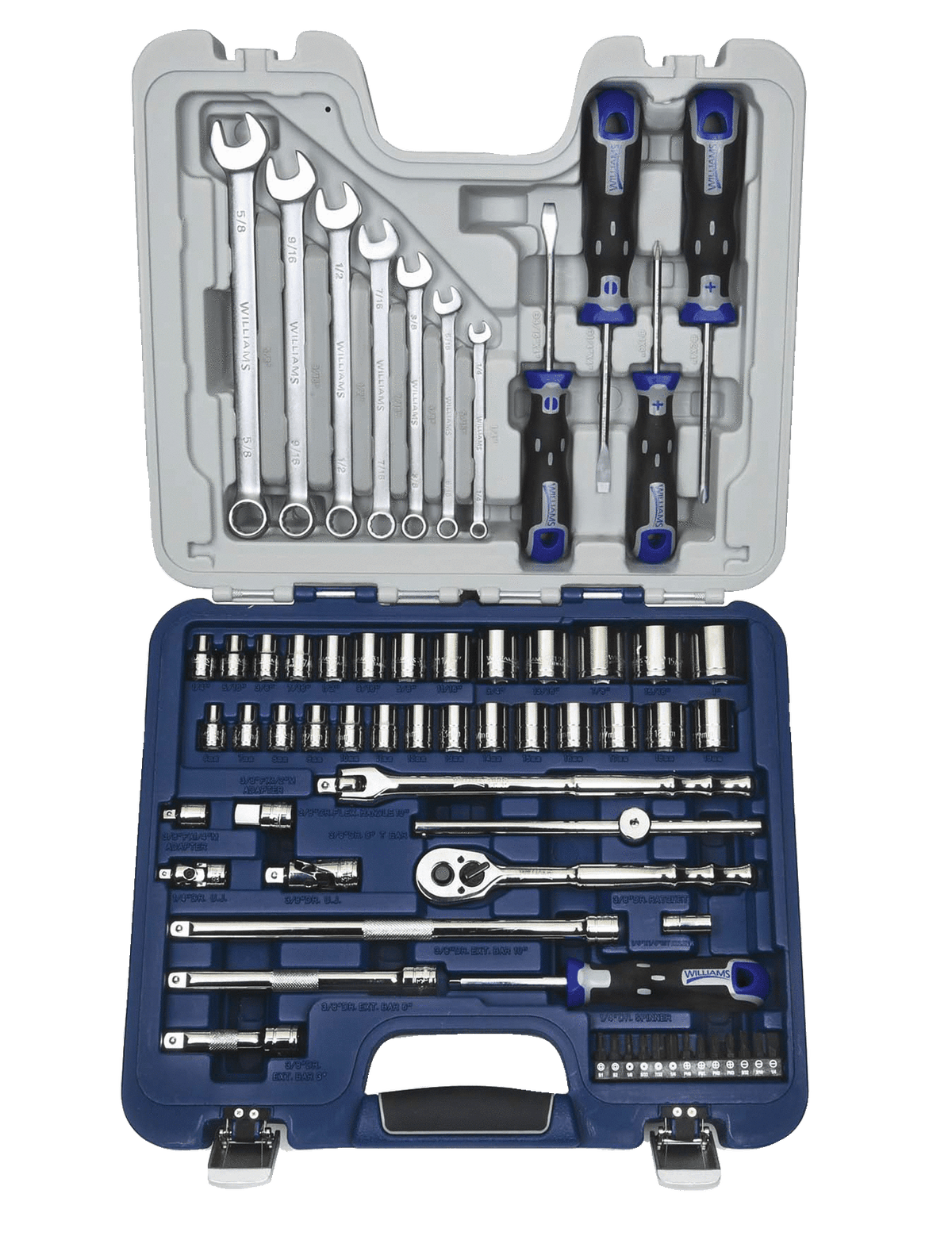 Williams JHW50605A | 63 Piece 3/8 Drive Socket, Screwdriver, and Wrench Set, 6 && 12 Point, Rugged Case System, SAE & Metric
