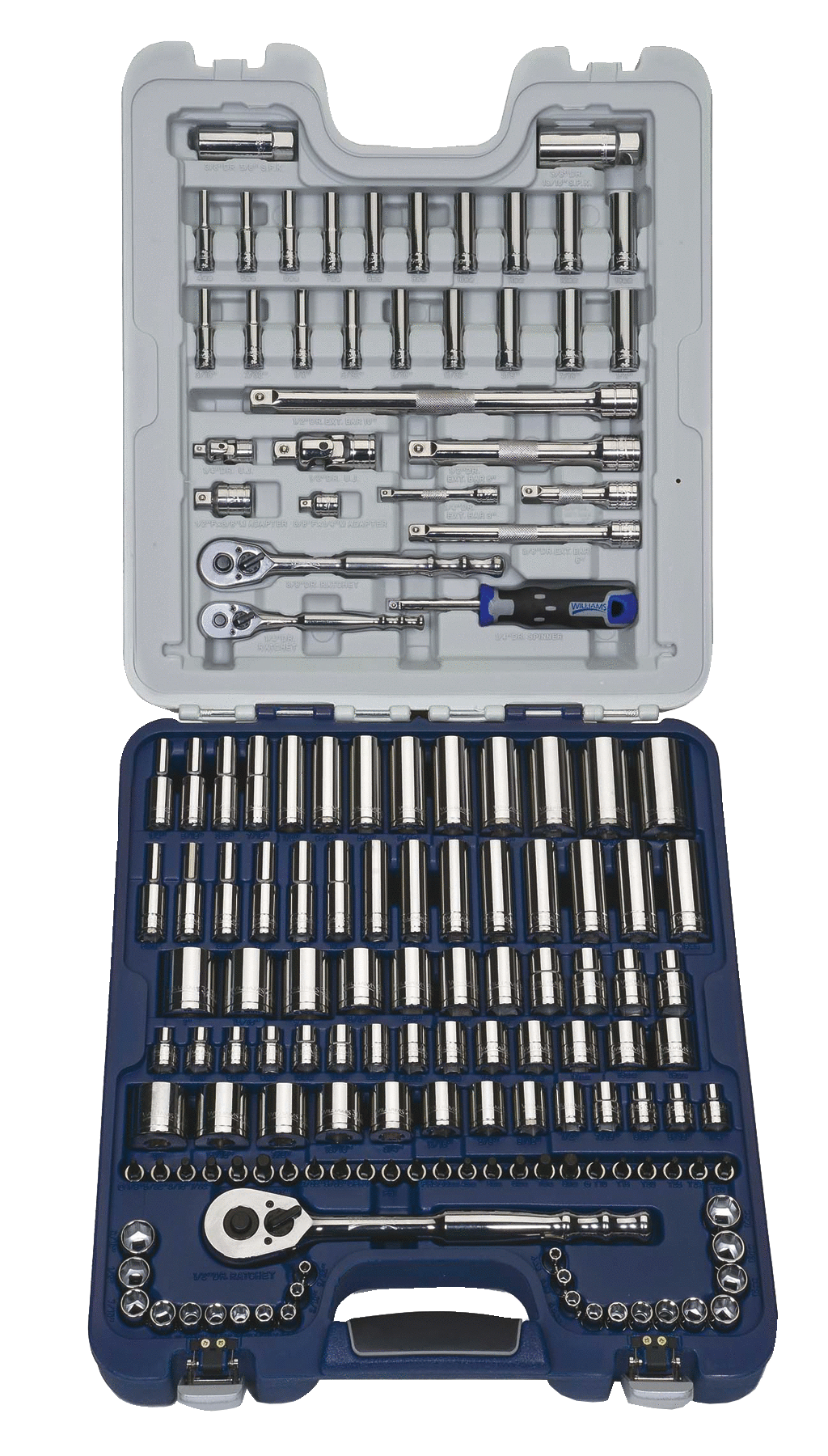 Williams JHW50614A | 1/4, 3/8, 1/2 Drive Socket Set, 6 & 12 Point, SAE & Metric, Rugged Case System, 146 Pieces