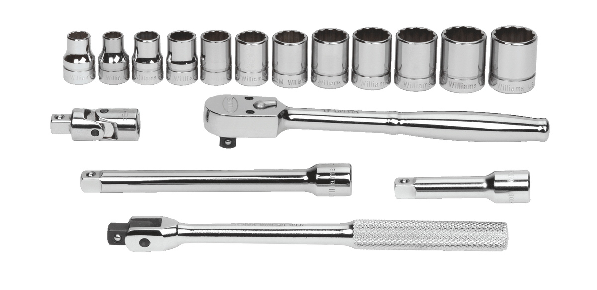 Williams JHWMSB-17F | 3/8 Drive Socket and Drive Tool Set, 12 Point, Metric, 17 Pieces, in Keep Safe Foam