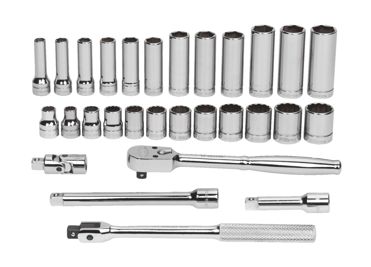 Williams JHWMSB29HFTB | 3/8 Drive Socket and Drive Tool Set, 6 Point, Metric, 29 Pieces, in Keep Safe Foam, in Metal Tool Box