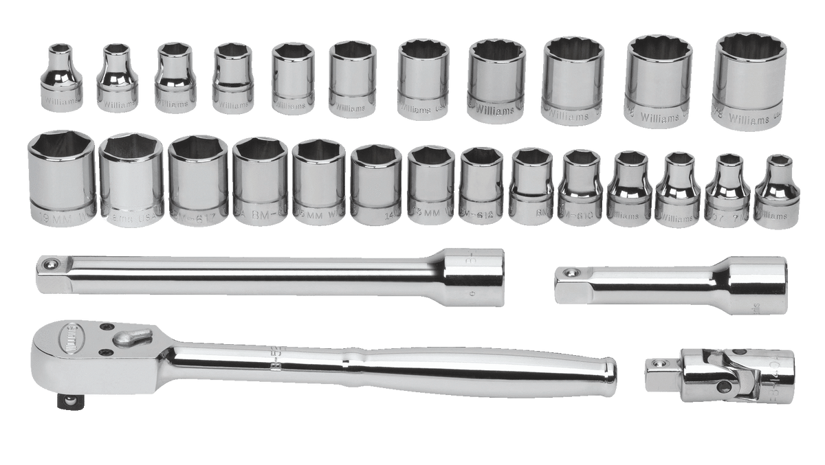 Williams JHWWSMB-29F | 3/8 Drive Socket and Drive Tool Set, 6 &12 Point, SAE, 29 Pieces, in Keep Safe Foam