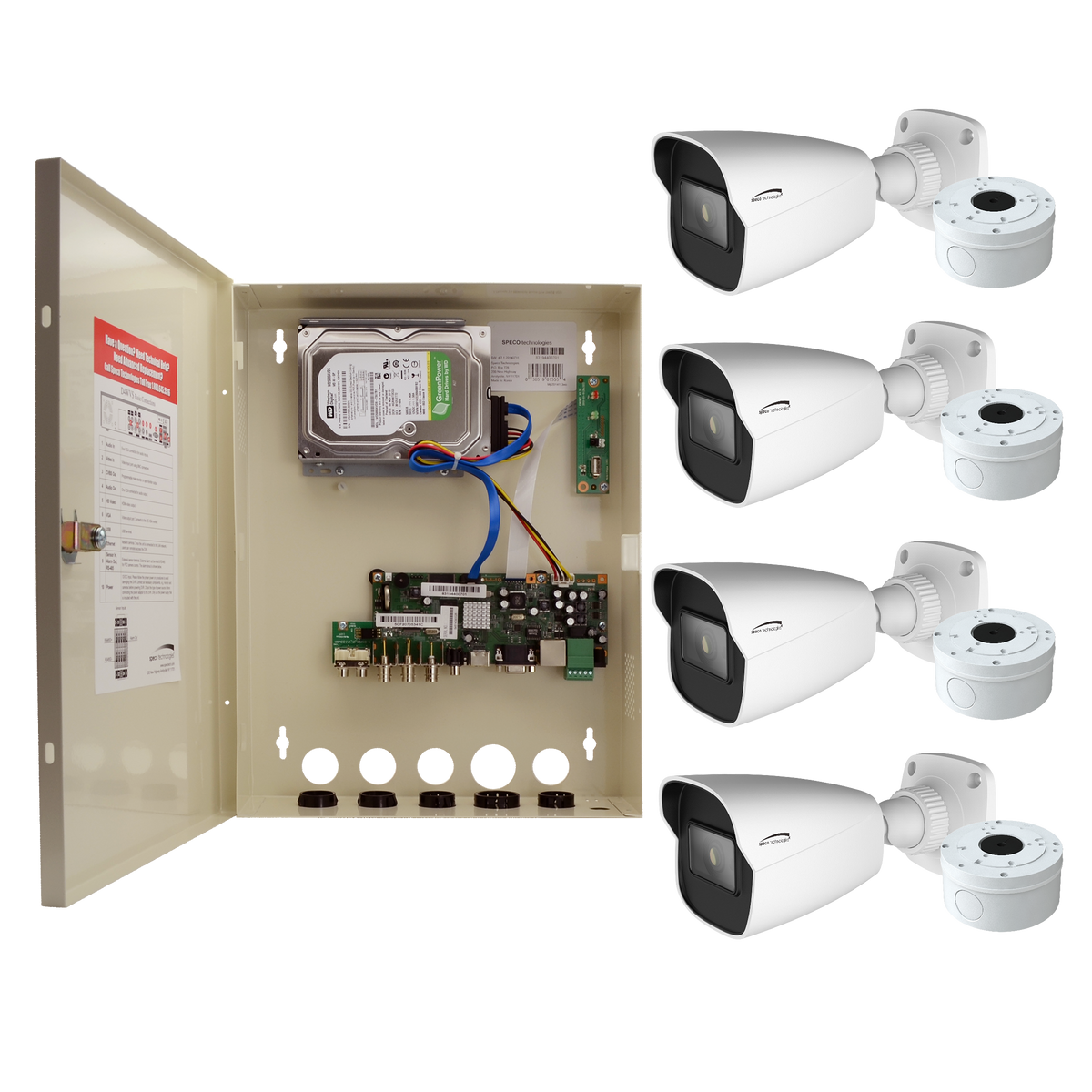 Speco Technologies ZIPTW4B1 | 4CH HD-TVI WALL MT DVR, 1080p, 60fps, 1TB with 4 IR Bullet Cameras