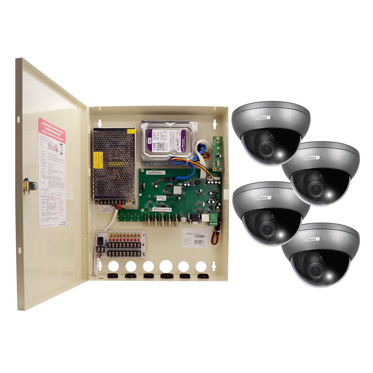 Speco Technologies ZIPTWP471 | 4CH HD-TVI Wall Mount DVR with PS, 1080p, 60fps, 1TB with 4 Outdoor INT Dome Cameras