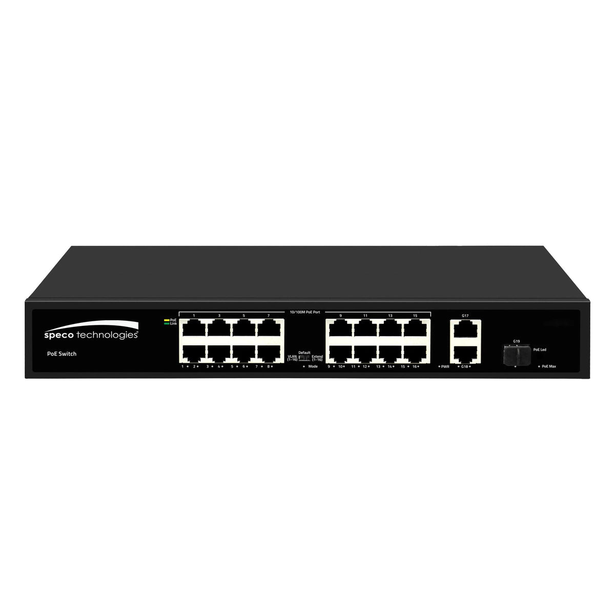 Speco Technologies P16S182 | 16 Port Megabit PoE Switch with 2 Gigabit Uplink Ports, PoE 802.3at