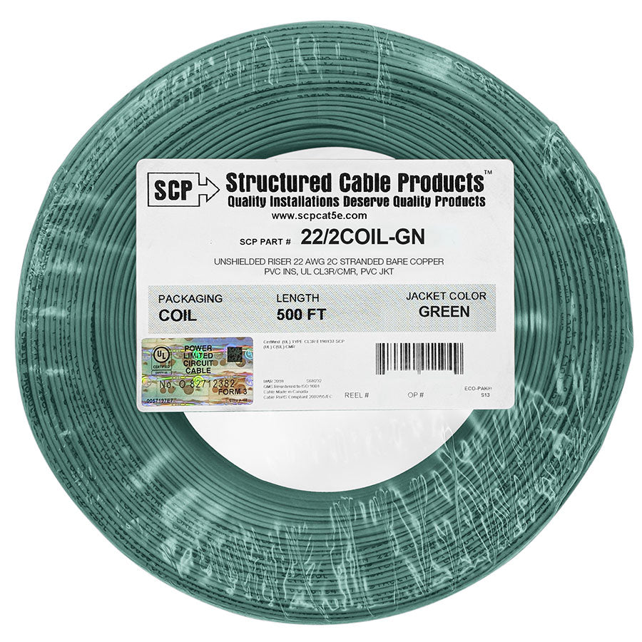 Structured Cable Products Inc 22/2COIL-GN | Alarm Cable, 22 AWG, 2-Conductor, Bare Copper, PVC, Green