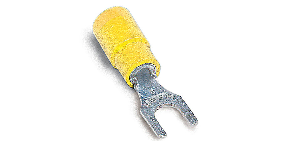 Thomas & Betts 10RC-8FX | Fork Terminal, No. 8, 12 AWG, 10 AWG, Vinyl Insulation, Yellow, Copper, Tin-Plated, 600 V, 1.11 in.