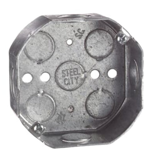 Thomas & Betts 54151 1/2 & 3/4 | Outlet Box, 4 in. W, Steel, Pre-Galvanized, Silver, Surface-Mount, 7-Knockout