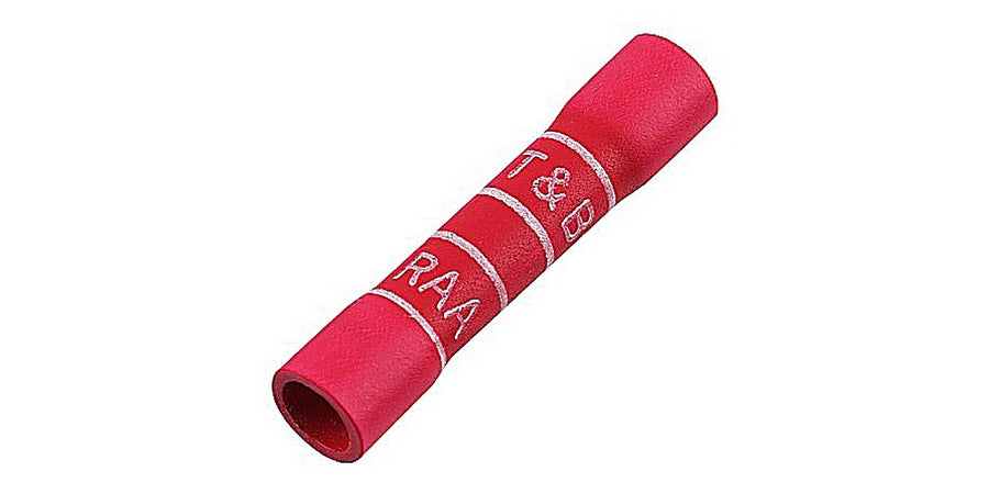 Thomas & Betts TV18-BS-L | Butt Splice Connector, Crimp, Tin Plated, Vinyl, Red, 0.986 in. Lg, Copper, Brazed Barrel Seam, UL