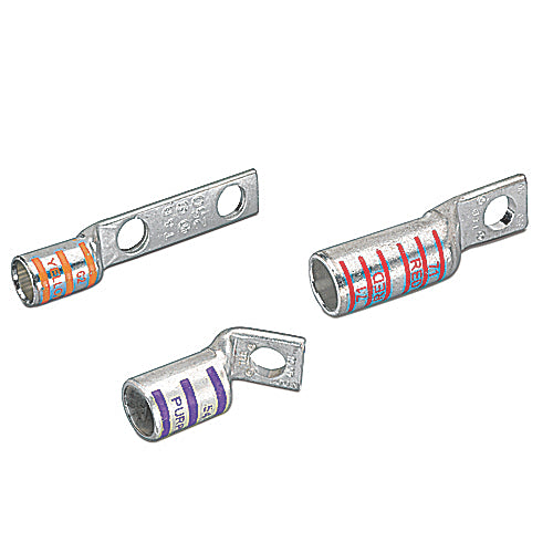 Thomas & Betts 54207NT | Copper Two-Hole Lug, Standard Barrel Narrow Tongue Lug, Max 35kV, Wire Size 2-3 AWG, Tin Plated, Die Code 33, Brown