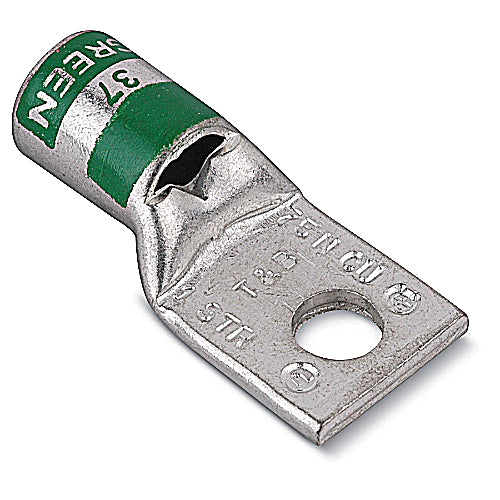 Thomas & Betts 54147 | Copper One-Hole Lug, Standard Barrel, Peep Hole, Max 35kV, Wire Size 1 AWG, Tin Plated, Die Code 37, Green