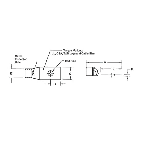 Thomas & Betts 54160T | Copper One-Hole Lug, Standard Barrel, Peep Hole, Max 35kV, Wire Size 2/0 AWG, Tin Plated, Top Stacking, Die Code 45, Black