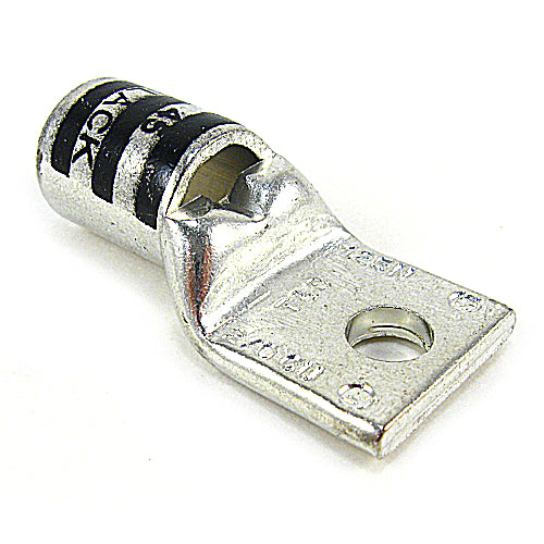 Thomas & Betts 54160T | Copper One-Hole Lug, Standard Barrel, Peep Hole, Max 35kV, Wire Size 2/0 AWG, Tin Plated, Top Stacking, Die Code 45, Black