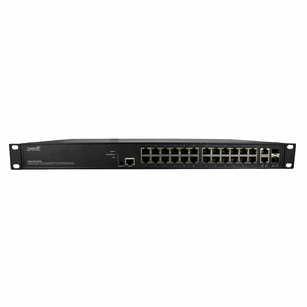 Lantronix SM24TBT2DPA-JP | Managed Poe++ Switch, 24-port 10/100/1000 Poe++, 2 100/1000 Sfp/rj-45 Combo, Single Ac