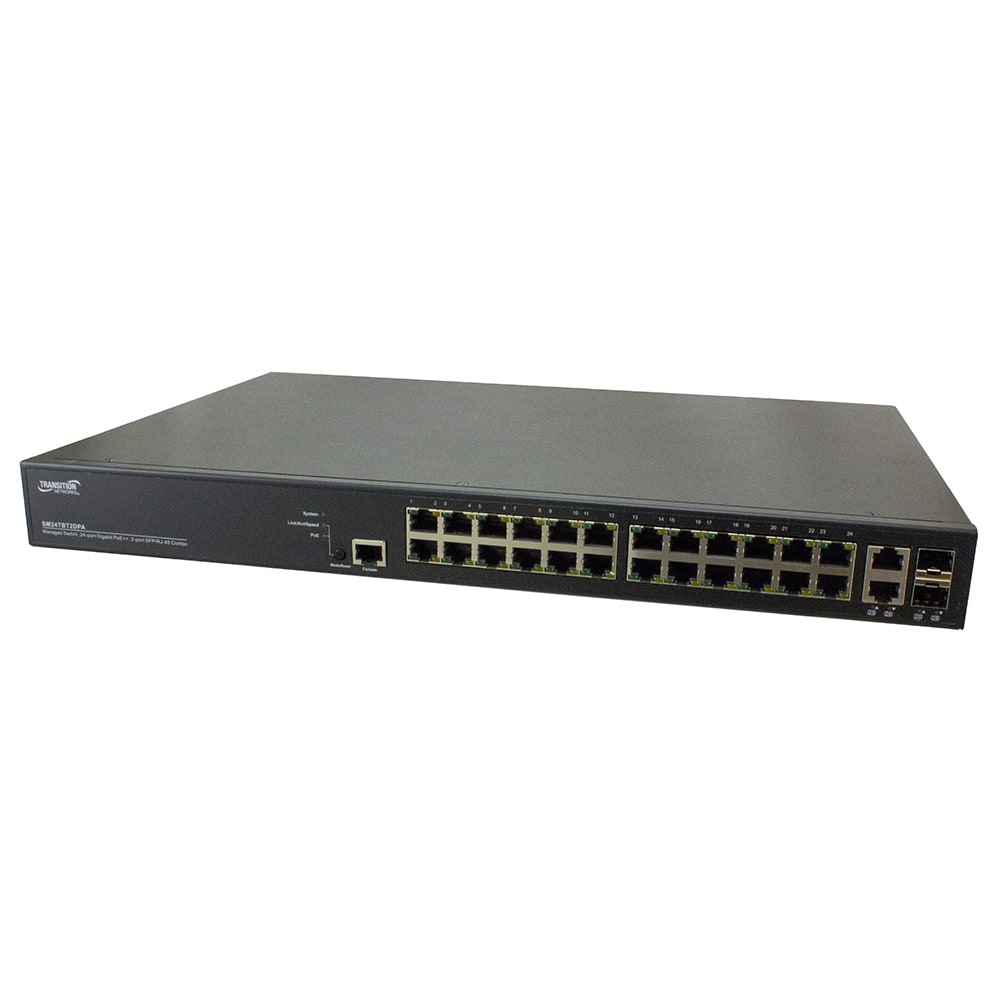 Lantronix SM24TBT2DPA2XPS | Managed Poe++ Switch, 24-port 10/100/1000base-t Poe++ And 2 100/1000 Sfp/rj-45 Combo Port, Dual Power Supply Modulars