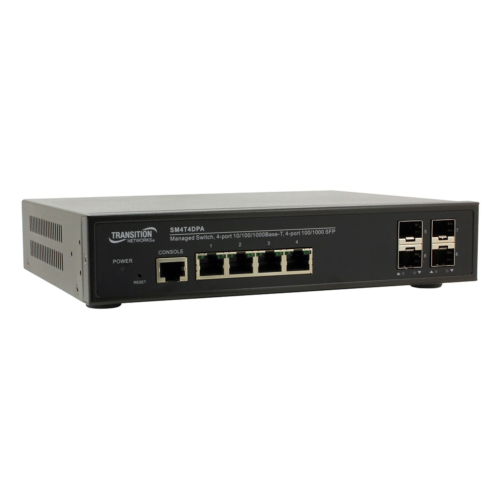 Lantronix SM4T4DPA-LA | Layer 2 Managed Switch, Port One: (4) 10/100/1000base-t, Port Two: (4) 100/1000base-x Sfp Slots, La