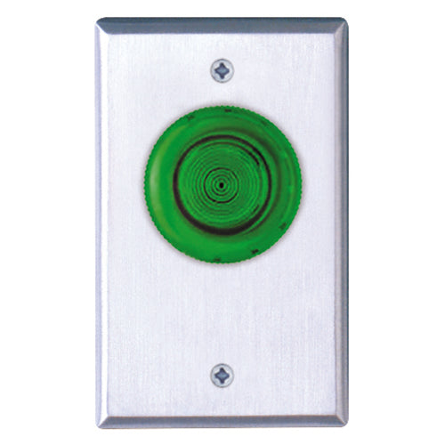 Camden Door Controls CM-3030G | Illuminated Green Mushroom Pushbutton, Single Gang, Push/Pull, N/O, Maintained, Blank Faceplate, Brushed Aluminum