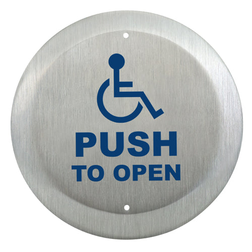 Camden Door Controls CM-40/4 | Round Push Plate Switch, SPDT, ADA Logo & PUSH TO OPEN Lettering, Bright Stainless Steel