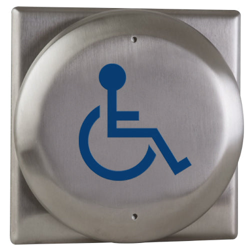 Camden Door Controls CM-41/2 | 1/2" Round Push Plate Switch, Square Back Plate, SPDT, ADA Logo, Bright Stainless Steel