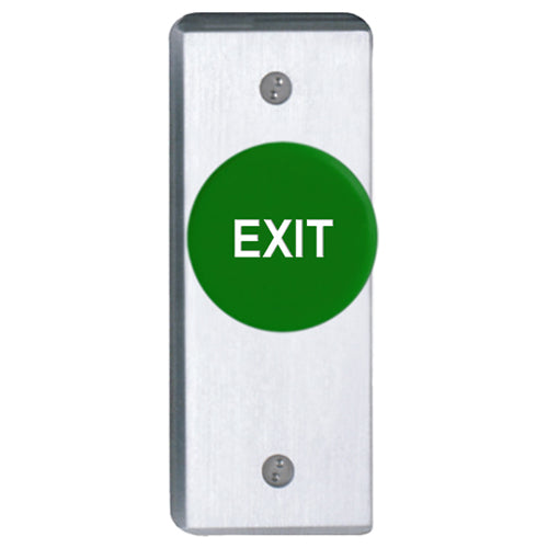 Camden Door Controls CM-4110GE | 1-5/8" Green Mushroom Pushbutton (EXIT), Aluminum Narrow Faceplate, Spring Return, N/C, Momentary, Brushed Aluminum