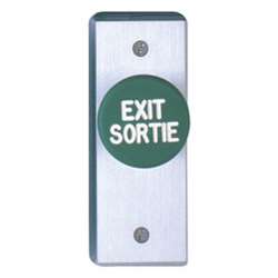 Camden Door Controls CM-4185BE | 1-5/8" Blue Mushroom Pushbutton (EXIT), Aluminum Narrow Faceplate, Spring Return, DPST Time Delay, Brushed Aluminum