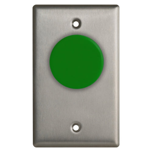 Camden Door Controls CM-420G | 1-5/8" Mushroom Pushbutton, Stainless Steel, Single Gang, N/O & N/C, Blank Faceplate, Green Button