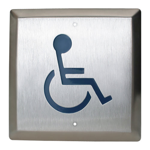 Camden Door Controls CM-45/2-WT | 4-1/2" Square Push Plate Switch, Concealed Screws, ADA Logo, SPDT, Bright Stainless Steel, Boot and Water Tight Coating