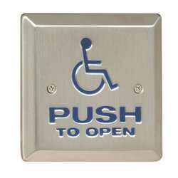 Camden Door Controls CM-45/2AL | 4-1/2" Square Push Plate Switch, Concealed Screws, ADA Logo with Left Arrow, SPDT, Bright Stainless Steel