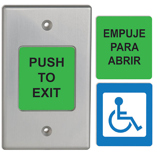 Camden Door Controls CM-9700U | 2" Piezoelectric Push/Exit Switch, Single-Gang, English and Spanish Labels, Brushed Aluminum