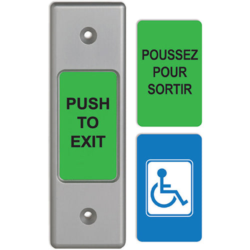Camden Door Controls CM-9710C | 2" Piezoelectric Push/Exit Switch, Narrow, English and French Labels, Brushed Aluminum
