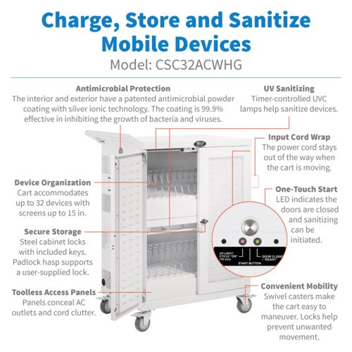 Tripp-Lite CSC32ACWHG | Safe-IT Multi-Device UV Charging Cart, Hospital-Grade, 32 AC Outlets, Laptops, Chromebooks, Antimicrobial, White
