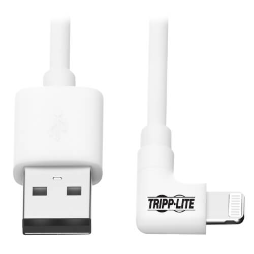 Tripp-Lite M100-003-LRA-WH | Right-Angle USB-A to Lightning Sync/Charge Cable, MFi Certified - White, M/M, USB 2.0, 3 ft. (0.91 m)