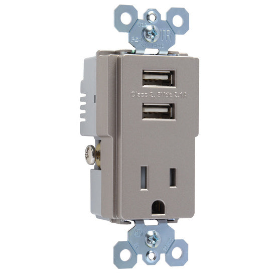 Legrand TM8USBNICC6 | Pass and Seymour | USB Charger with Tamper-Resistant Receptacle, Nickel