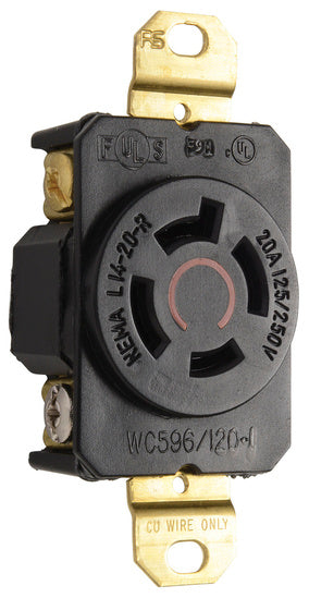 Legrand L1420-R | Pass and Seymour | 20 Amp NEMA L1420 Single Receptacle, Black