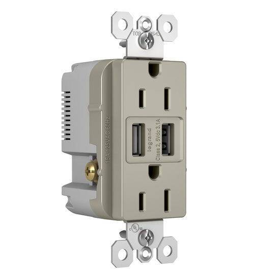 Legrand TM826USBNICC6 | Radiant Collection | Radiant 15A Tamper-Resistant USB Outlet, Nickel