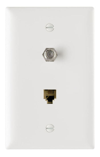 Legrand TPTELTVW | On-Q | Communication Device, Combination F Type Coaxial Connector and Four Conductor RJ11 Telephone Jack, White
