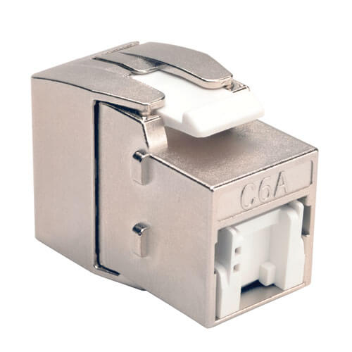 Tripp-Lite N238-001-SH-TFA | Toolless Shielded Cat6a Keystone Jack, PoE/PoE+ Compliant, Shuttered - Silver, TAA