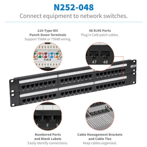 Tripp-Lite N252-048 | 48-Port 2U Rack-Mount Cat6/Cat5 110 Patch Panel, 568B, RJ45 Ethernet, TAA