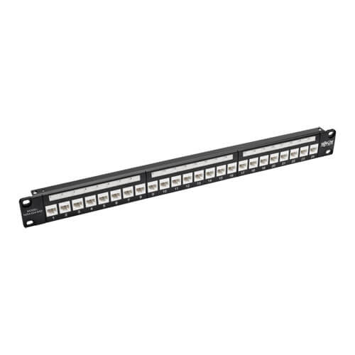 Tripp-Lite N254-024-6AD | 24-Port 1U Rack-Mount Cat6a Feedthrough Patch Panel with 90-Degree Down-Angled Ports, RJ45 Ethernet, TAA