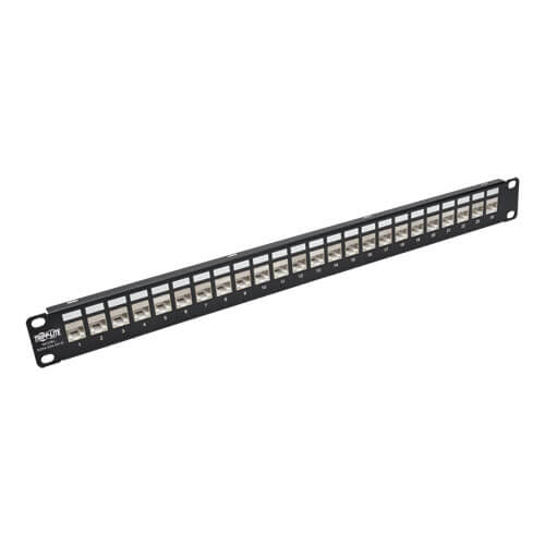 Tripp-Lite N254-024-SH-D | 24-Port 1U Rack-Mount STP Shielded Cat5e/6 Feedthrough Patch Panel with 90-Degree Down-Angle Ports, RJ45 Ethernet, TAA