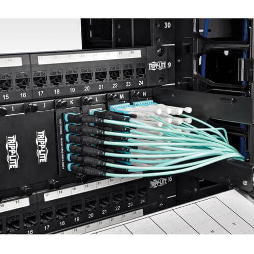 Tripp-Lite N844-01M-12-P | MTP/MPO Patch Cable with Push/Pull Tabs, 12 Fiber, 40GbE, 40GBASE-SR4, OM3 Plenum-Rated - Aqua, 1M (3 ft.)