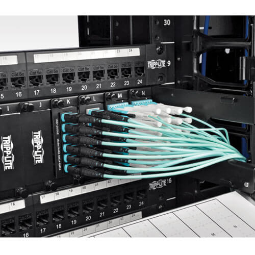 Tripp-Lite N844-02M-12-P | MTP/MPO Patch Cable with Push/Pull Tabs, 12 Fiber, 40GbE, 40GBASE-SR4, OM3 Plenum-Rated - Aqua, 2M (6 ft.)