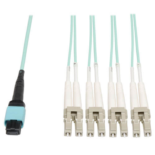 Tripp-Lite N844-02M-8LC-P | MTP/MPO Fan-Out Cable, MTP/MPO to 8xLC, 40GbE, 40GBASE-SR4, OM3 Plenum-Rated - Aqua, 2M (6 ft.)