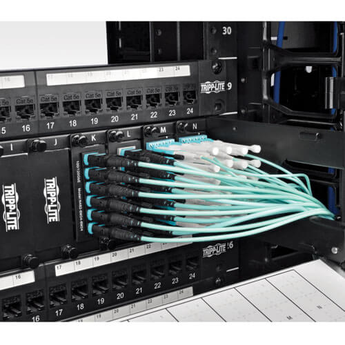Tripp-Lite N844-03M-12-P | MTP/MPO Patch Cable with Push/Pull Tabs, 12 Fiber, 40GbE, 40GBASE-SR4, OM3 Plenum-Rated - Aqua, 3M (10 ft.)