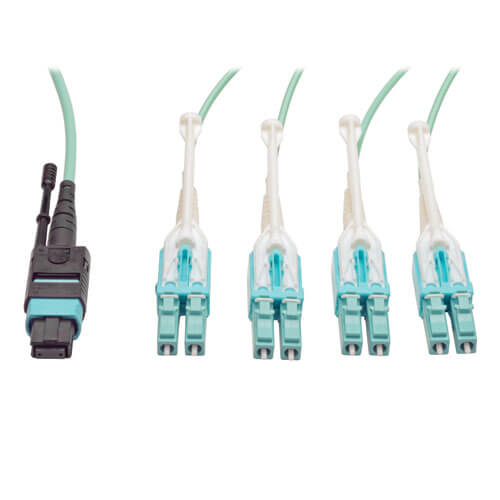 Tripp-Lite N844-03M-8LC-PT | MTP/MPO Fan-out Cable with Push/Pull Tab Connectors, MTP/MPO to 8xLC, 40GbE, 40GBASE-SR4,OM3 Plenum-rated - Aqua, 3M (9.84 ft.)