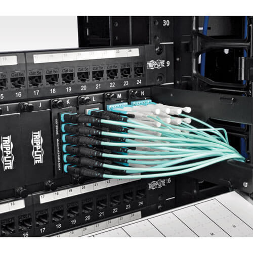 Tripp-Lite N844-10M-12-P | MTP/MPO Patch Cable with Push/Pull Tabs, 12 Fiber, 40GbE, 40GBASE-SR4, OM3 Plenum-Rated - Aqua, 10M (33 ft.)